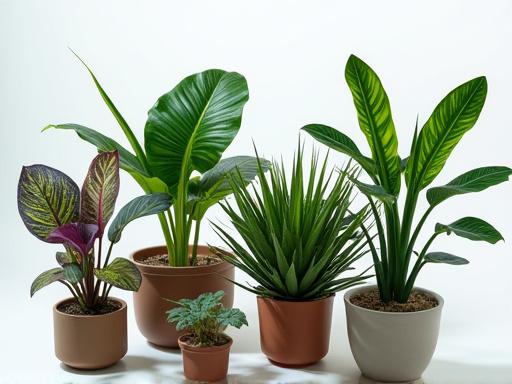 A collection of rare tropical plants with unique leaf patterns and colors.